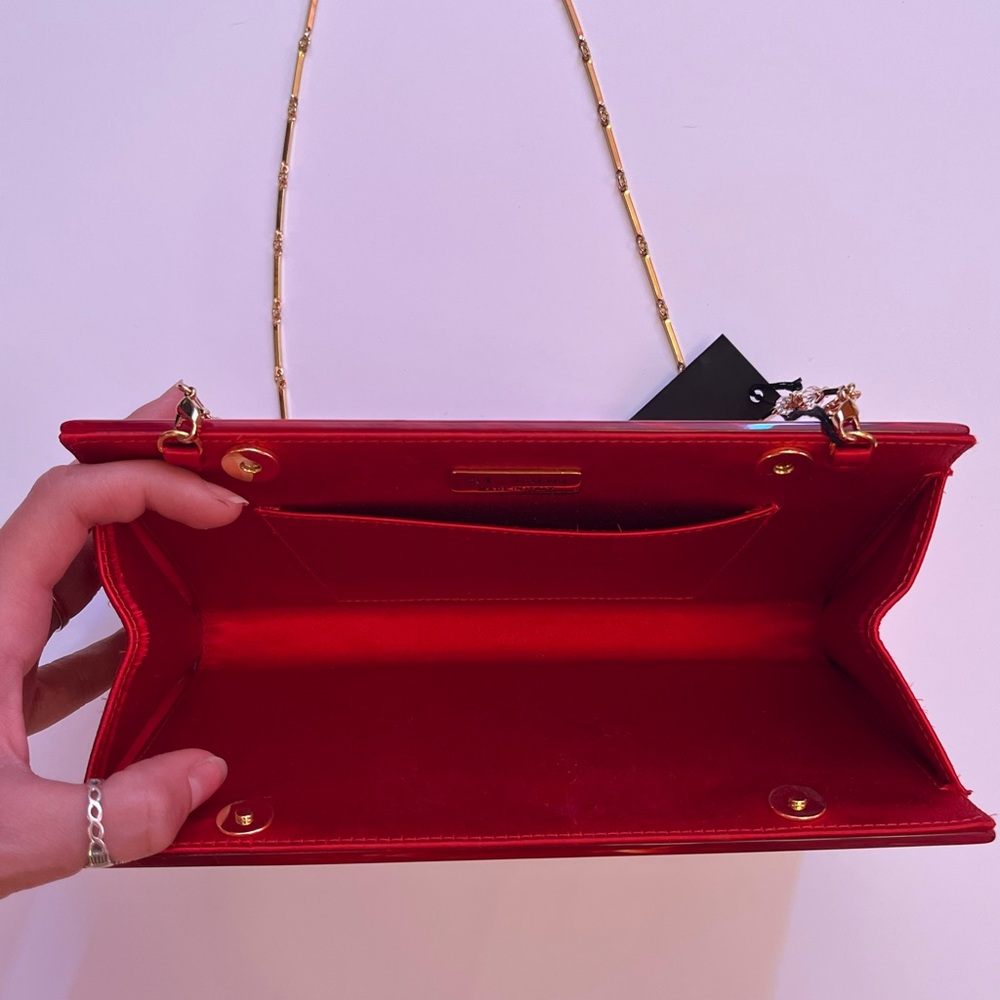 St. John Red Studded Clutch with Gold Chain Made in Italy - Picture 8 of 9